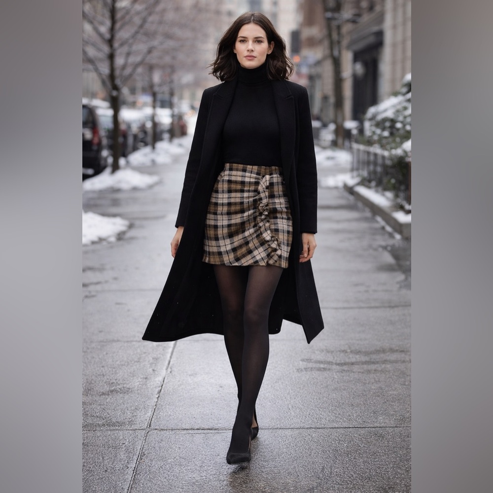 NWOT Linen Blend Brown Plaid Skirt